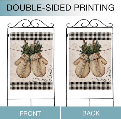 Winter Gloves Home Decorative House Flag Buffalo Plaid Check Farmhouse Garden Yard Outdoor Large Burlap Flag Sign Christmas outside Decoration Xmas Seasonal Decor Double Sided Black White 28X40