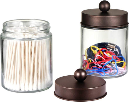 4Pc Apothecary Jars Bathroom Vanity Storage Organizer Set -Countertop Canister with Stainless Steel Lids &Cute Stickers - Qtip Dispenser Holder for Qtips,Cotton Swabs,Makeup Sponges (Bronze)