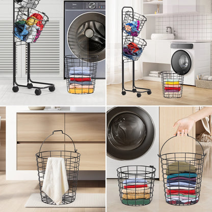 Removable 3 Tier Metal Rolling Laundry Basket Cart,Large Capacity Wire Basket Laundry Hamper with Wheels, Laundry Butler for Bathroom Bedroom Laundry Room, Black
