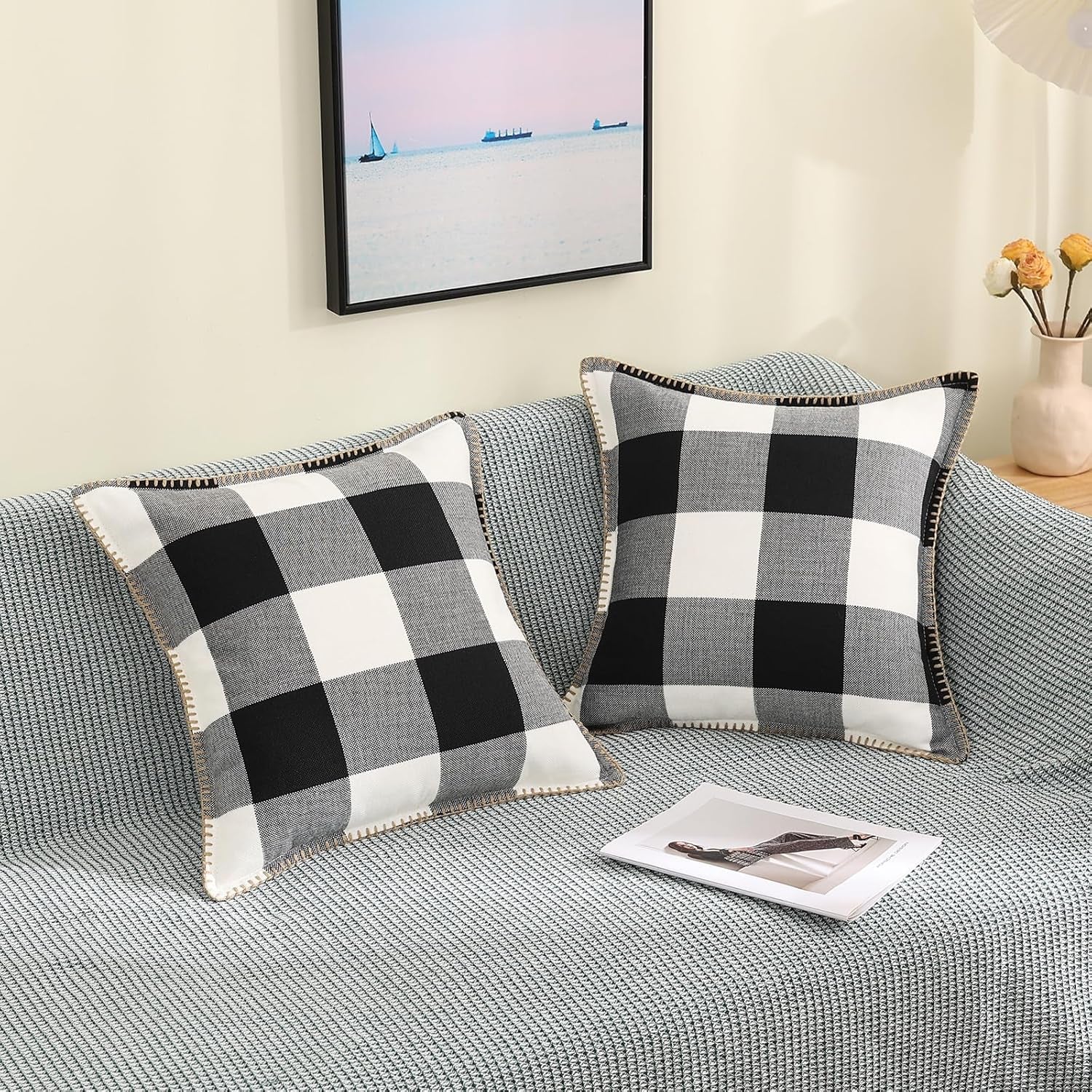 Buffalo Plaid Check Spring Throw Pillow Covers 20X20 Set of 2, Outdoor Decorative Farmhouse Pillow Covers with Stitched Edge for Bed Couch Sofa, Black and White