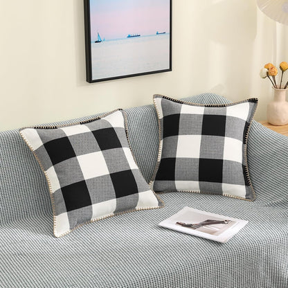 Buffalo Plaid Check Spring Throw Pillow Covers 20X20 Set of 2, Outdoor Decorative Farmhouse Pillow Covers with Stitched Edge for Bed Couch Sofa, Black and White