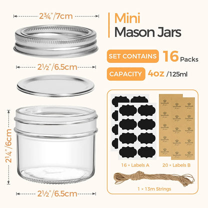 Mini Mason Jars 4Oz - 16 Pack, Regular Mouth Mason Jar with Lids and Seal Bands, Small Glass Canning Jar for Spice, Jam, Honey, Jelly, Dessert, Shower Wedding Favors, DIY Candles Decor