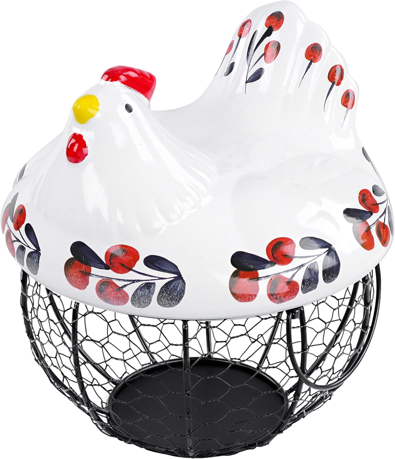 Chicken Egg Basket in Navy and Red Design Ceramic Chicken Shaped Lid with round Wire Basket Base and Handles