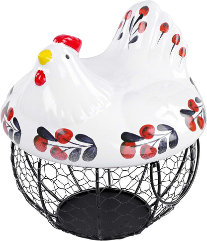 Chicken Egg Basket in Navy and Red Design Ceramic Chicken Shaped Lid with round Wire Basket Base and Handles