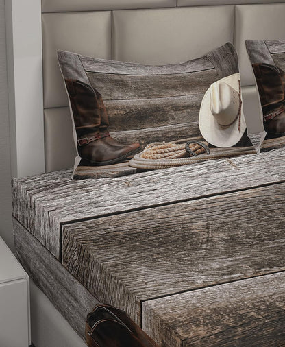 Western Sheet Set, American West Rodeo Traditional Straw Cowboy Hat Leather Boots Print, Fitted and Flat Sheet with Pillowcases Bedding Accent 4 Piece Set, Queen, Tan and Brown