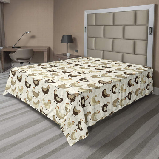 Chicken Flat Sheet, Farming Village Animals with Polka Dots Retro Pattern Agriculture Theme, Soft Comfortable Top Sheet Decorative Bedding 1 Piece, Queen Size, White Brown