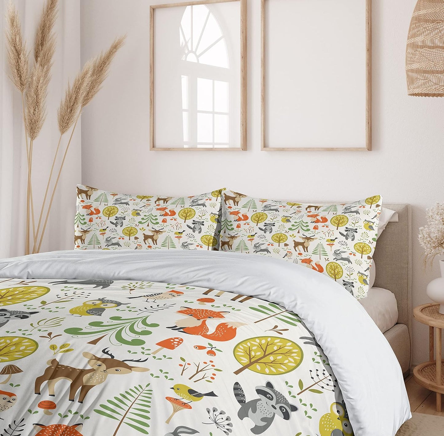 Animals Duvet Cover Set, Woodland Forest Animals Trees Birds Owls Fox Bunny Deer Raccoon Mushroom Print, Decorative 3 Piece Bedding Set with 2 Pillow Shams, King Size, Orange