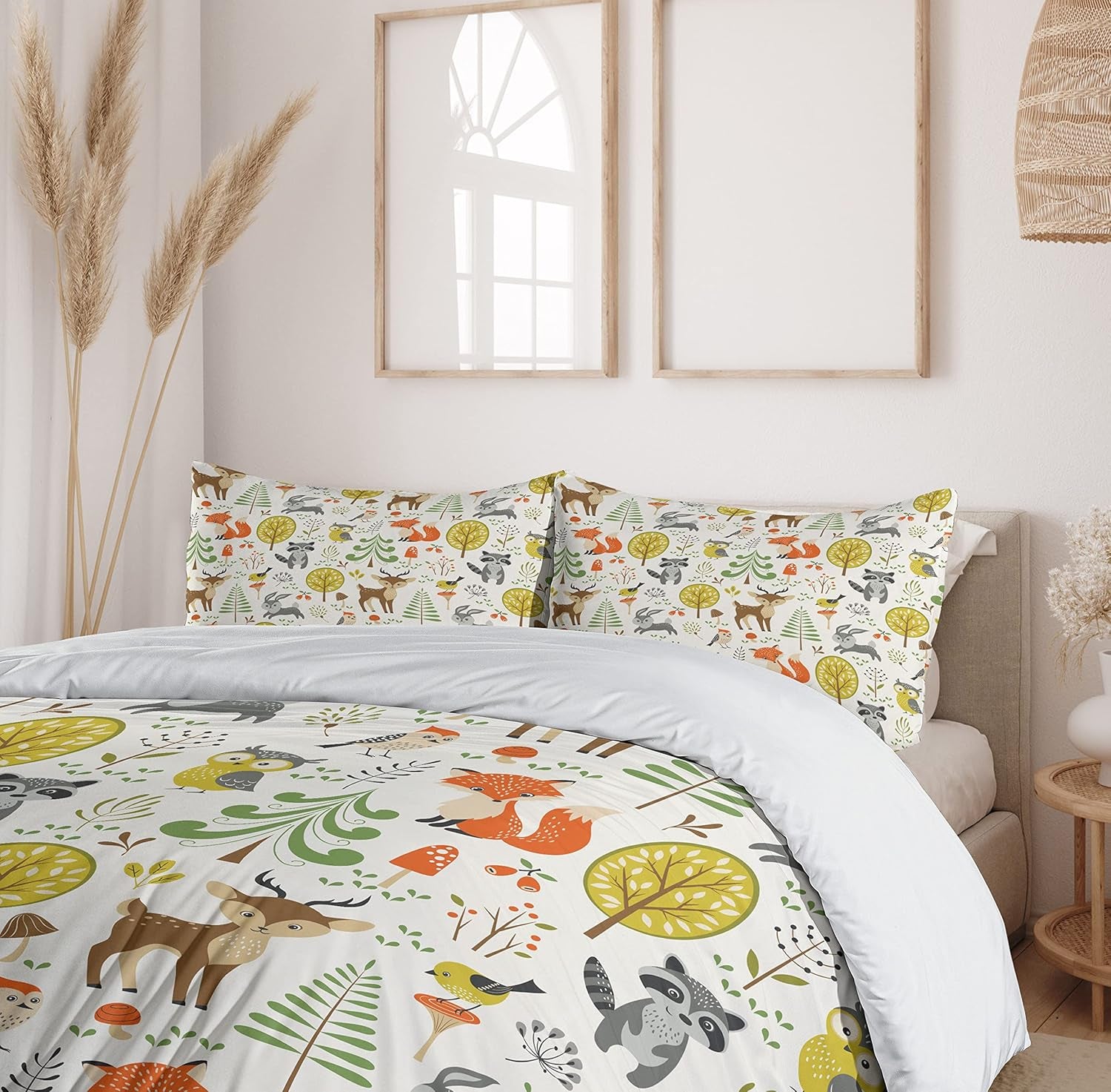 Animals Duvet Cover Set, Woodland Forest Animals Trees Birds Owls Fox Bunny Deer Raccoon Mushroom Print, Decorative 3 Piece Bedding Set with 2 Pillow Shams, King Size, Orange