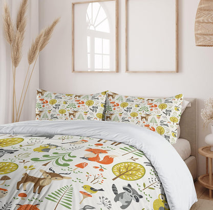 Animals Duvet Cover Set, Woodland Forest Animals Trees Birds Owls Fox Bunny Deer Raccoon Mushroom Print, Decorative 3 Piece Bedding Set with 2 Pillow Shams, King Size, Orange