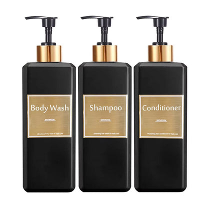 500Ml/16.9Oz Shampoo Dispenser Press Pump Bottle with Gold Waterproof Labels Bathroom Shampoo Conditioner Body Wash Bottles