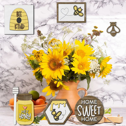 Set of 12 Bee Wooden Sign Tiered Tray Decor , Bumble Bee Wood Block Spring Summer Farmhouse Bee Home Kitchen Decor Self-Standing Display for Tray, Mantel, Bar, Shelf