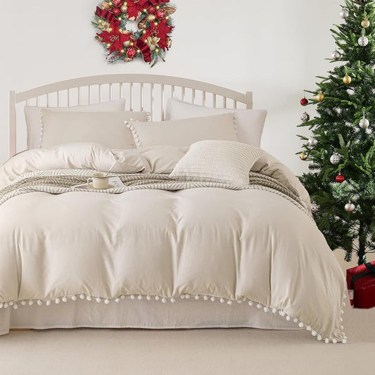 Beige Boho Comforter Set Pom Pom Comforter Queen Aesthetic Room Decor Cute Ball Fringe Farmhouse Bedding Set Queen Ultra Soft Microfiber Lightweight Comforter Set(Beige,Queen)