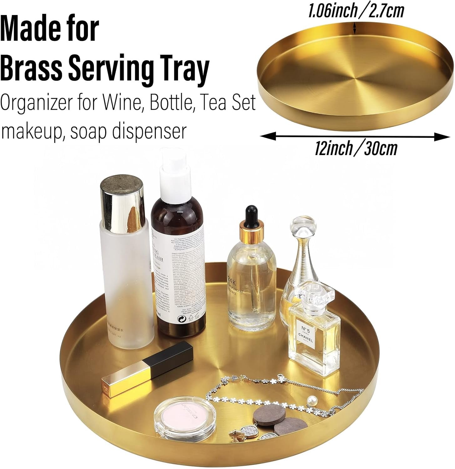 Metal round Decorative Tray, Perfume Jewelry Candle Organizer for Desk Vanity Countertop Bathroom Dresser Storage, Serving Platter for Kitchen Dinning Coffee Table, Brass Gold, 12 Inch