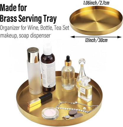 Metal round Decorative Tray, Perfume Jewelry Candle Organizer for Desk Vanity Countertop Bathroom Dresser Storage, Serving Platter for Kitchen Dinning Coffee Table, Brass Gold, 12 Inch