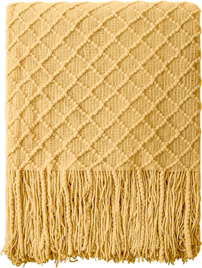 Acrylic Knitted Throw Blanket, Lightweight and Soft Cozy Decorative Woven Blanket with Tassels for Travel, Couch, Bed, Sofa, 51X67 Inches, Taupe Checkered