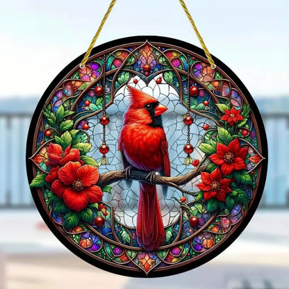 Cardinal Stained Acrylic Suncatcher Red Bird Sun Catcher Cardinal Acrylic Wall Window Hanging Ornament Hand-Painted Glass Panel Decor Christmas Birthday Gift for Grandma Birds Lover