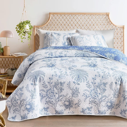Reversible Quilt Set Twin Size, 2 Pieces White Blue Botanical Floral Printed Summer Bedding Set, Soft Microfiber Lightweight Bedspread/Coverlet for All Season - 68"X86"