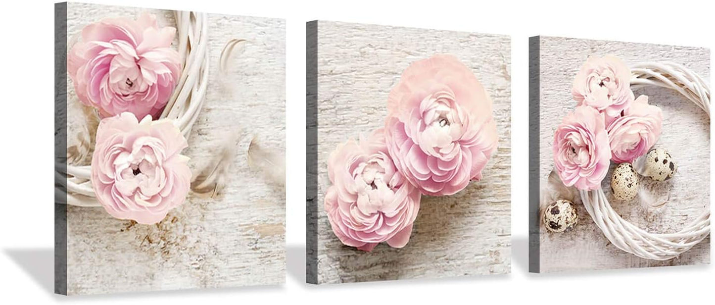 Floral Canvas Wall Art Print: Flower Bloom Picture Graphic Artwork Painting for Washrooms (12"X12"X3Pcs)