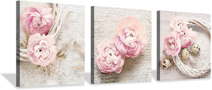 Floral Canvas Wall Art Print: Flower Bloom Picture Graphic Artwork Painting for Washrooms (12"X12"X3Pcs)