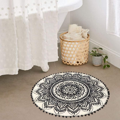 Small round Rug 2’ Boho Beige and Black Bathroom Rug with Pom Poms Fringe Washable Mandala Circle Shower Mat Soft Non-Slip Cute Circular Throw Rug for Sink Powder Room Kids Room Nursery