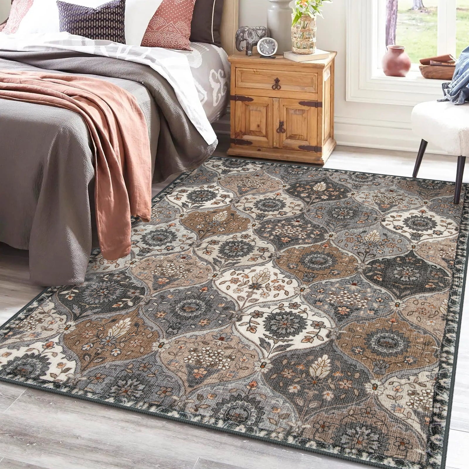 5'X7' Area Rug for Living Room Non-Slip Moroccan Indoor Washable Rug Ultra-Thin Foldable Soft Carpet Floral Accent Throw Rug for Kitchen Entryway Bathroom Bedroom Office Carpet,Grey