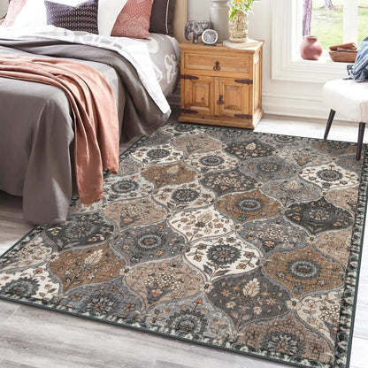 5'X7' Area Rug for Living Room Non-Slip Moroccan Indoor Washable Rug Ultra-Thin Foldable Soft Carpet Floral Accent Throw Rug for Kitchen Entryway Bathroom Bedroom Office Carpet,Grey