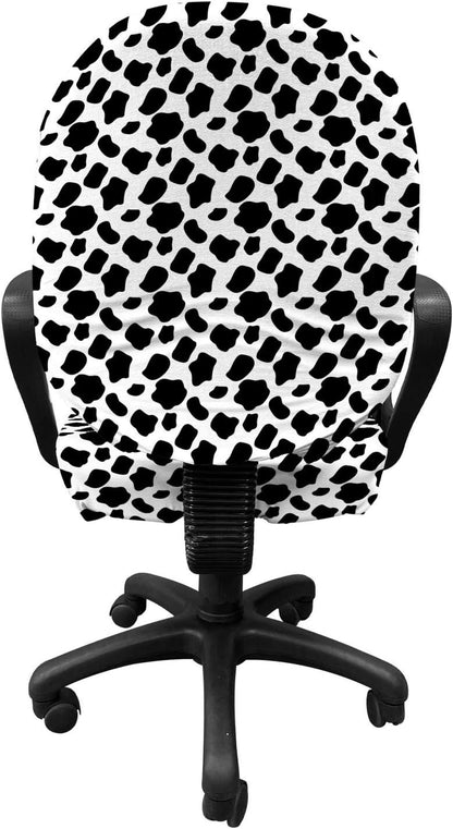 Cow Print Office Chair Slipcover, Cattle Skin Pattern Scattered Spots Animal Hide Plain and Pasture Theme, Protective Stretch Decorative Fabric Cover, Standard Size, White and Black