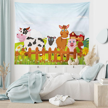 Animal Tapestry King Size, Farm Creatures Cow Horse Goat Pig and Chicken by the Fences Cartoon, Wall Hanging Bedspread Bed Cover Wall Decor, King Size, Pale Brown