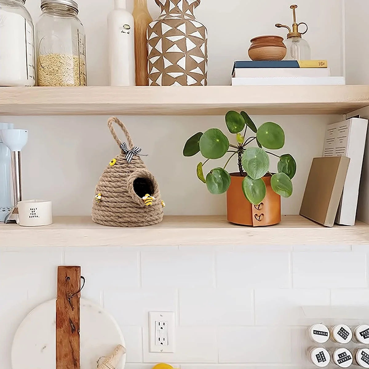 Beehive Decor Jute Hanging Bee Tiered Tray Decor Cute Handmade Honeycomb Decoration Bee Themed Party Ornament for Farmhouse Country Kitchen Bookshelf Garden