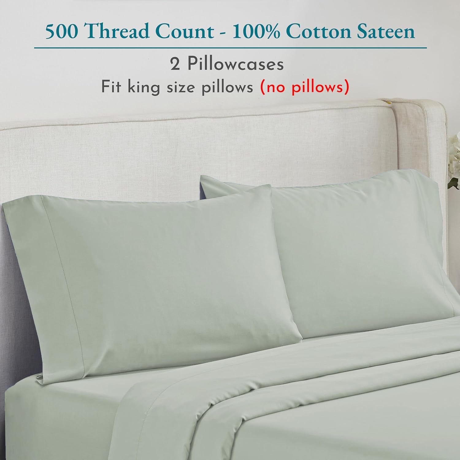 Soft & Silky 500 Thread Count 100% Cotton Sateen, Cool & Smooth with a Classic Opening, Set of 2 King Pillow Cases (Solid - Silver Sage)