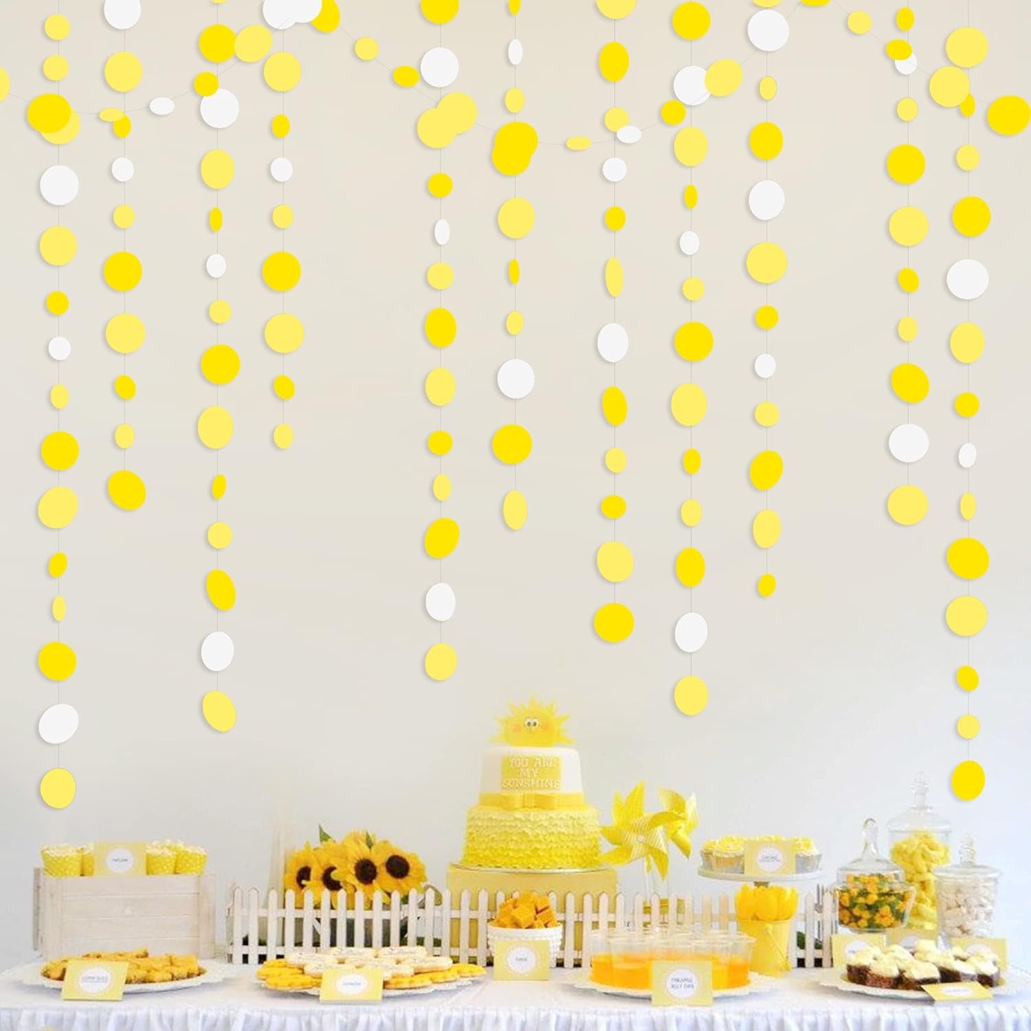 46 Ft Yellow White Circle Dots Garland Gradient Yellow Polka Dot Hanging Paper Streamer for Wedding Bridal Shower Birthday Baby Shower Engagement Bee Sunflower Lemon Theme Party Decorations Supplies