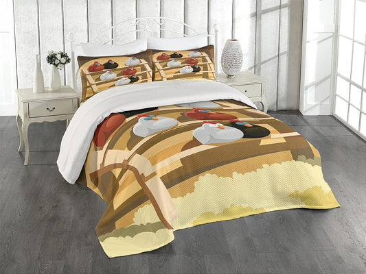 Chicken Coverlet, Group of Hen Sleeping on Perch in Farm Colorful Doodle Stylenimal Design, 3 Piece Decorative Quilted Bedspread Set with 2 Pillow Shams, Queen Size, Pale Brown