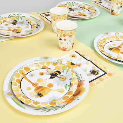 Bee Party Tableware Set - Bee Party Supplies Set for Kids Girls Honey Bee Birthday Bundle Baby Shower Happy Bee Day Paper Plates Cups Napkins Dinnerware Serves 16 Guests 64 PCS
