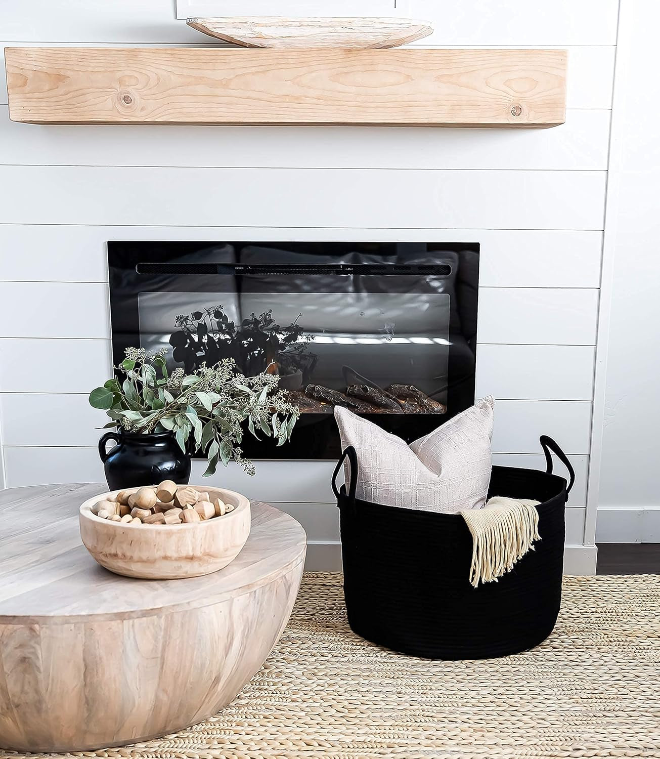 Black Basket for Storage 20X13, Big Basket for Blankets for Living Room, round Laundry Basket & Blanket Holder for Bedroom, Boho Blanket Basket, Pillow Basket & Toy Basket