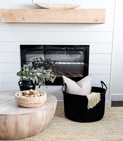 Black Basket for Storage 20X13, Big Basket for Blankets for Living Room, round Laundry Basket & Blanket Holder for Bedroom, Boho Blanket Basket, Pillow Basket & Toy Basket