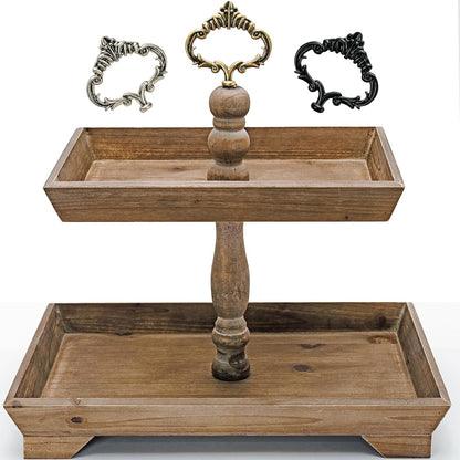 Rustic Wood Two Tiered Tray Rectangle 2 Tier Serving Tray for Coffee Bar, Kitchen Counter, Dining Room Table, Cupcake Stand, Holiday and Farmhouse Decor (Rustic Brown)
