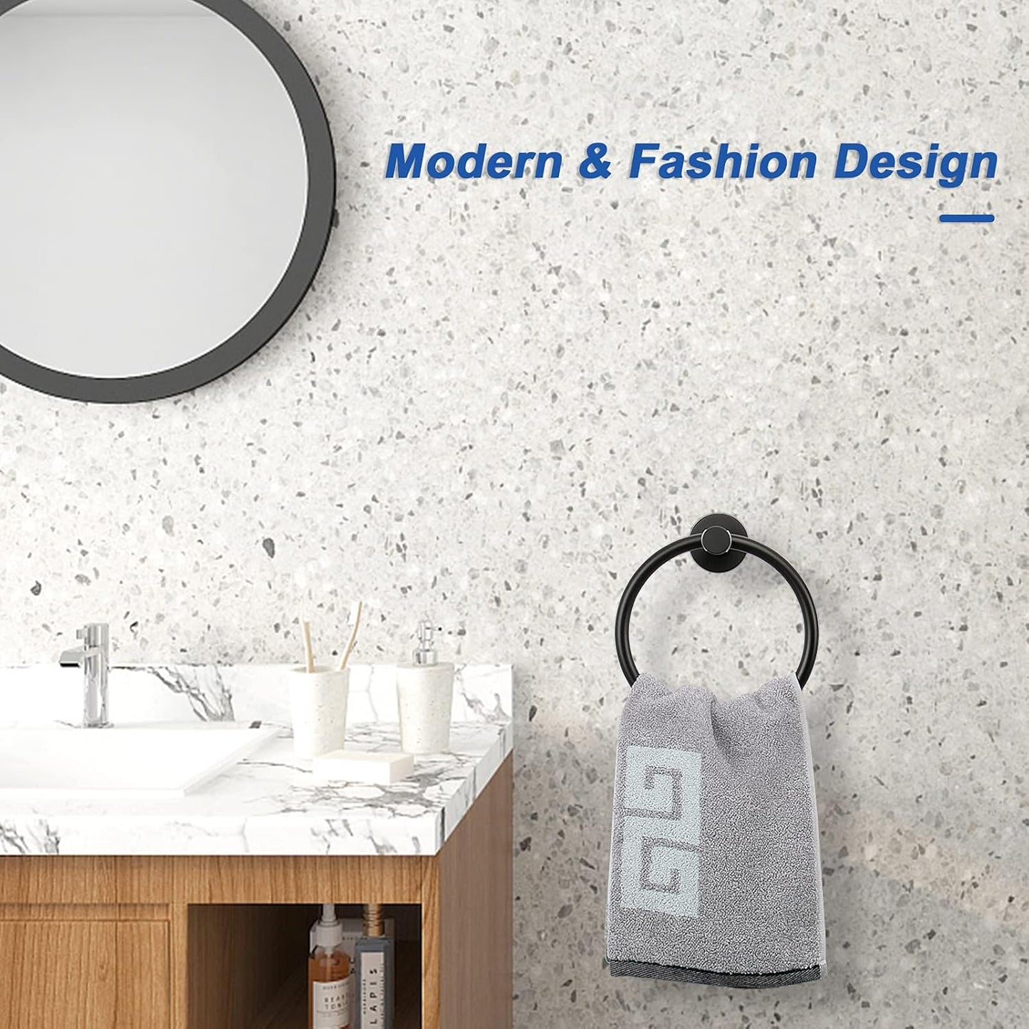 Bath Towel Ring, Bathroom Hardware Accessories-Thicken Stainless Steel Hand Towel Holder for Bathroom, Modern round Towel Hanger Wall Mounted (Matte Black, 1 Pack)