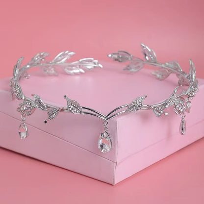 Rose Gold Color Crystal Crown Bridal Hair Accessory Wedding Rhinestone Teardrop Leaf Tiara Headband Frontlet Bride Hair Jewelry