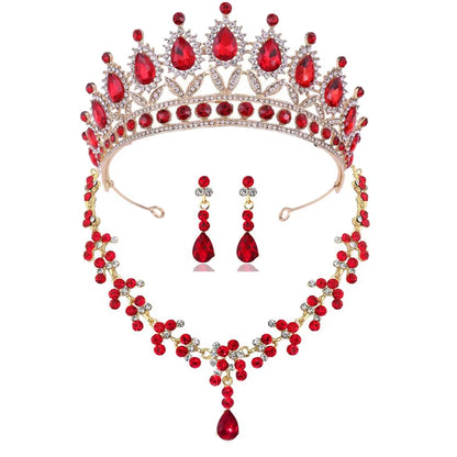 Luxury Crystal Bridal Jewelry Sets for Women Pink Tiaras Necklaces Earrings Set Bride Wedding Dress Birthday Crown Set Accessory