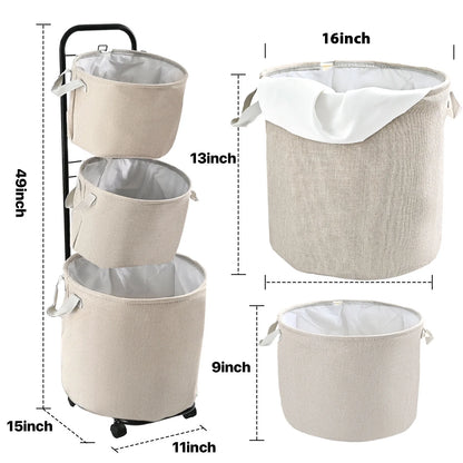 3-Tier Laundry Hamper Sorter, Laundry Storage Organizer with Wheels Movable Rolling Laundry Baskets Cart, Bathroom Cart Clothes Shelf,Laundry Butler for Bathroom Bedroom Laundry Room, Beige