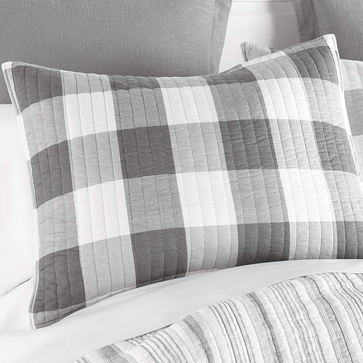 - Camden Quilt Set -Twin Quilt + One Standard Pillow Sham - Buffalo Check in Grey and Cream - Quilt Size (68 X 86 In.) and Pillow Sham Size (26 X 20 In.) - Reversible Pattern - Cotton