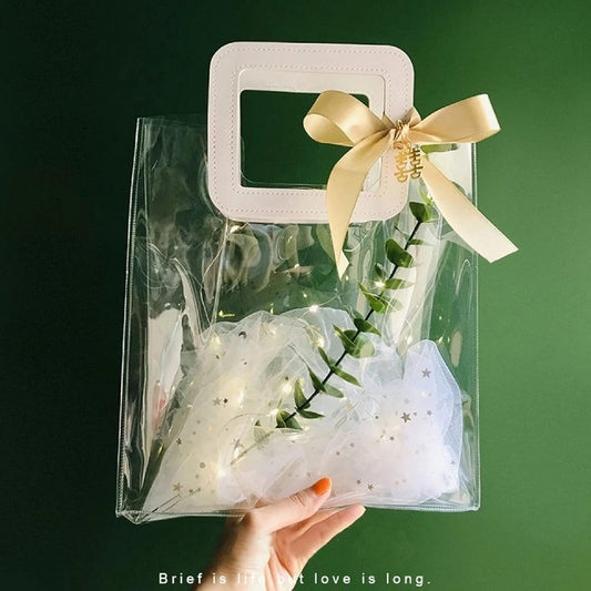 Clear Gift Bag with Handle, 4 Pcs Transparent PVC Gift Bag, Heavy Duty Reusable Gift Wrap Bags for Bridal Party, Baby Shower, Wedding Favor, Shopping Bag Bulk- 7"X4" X8"