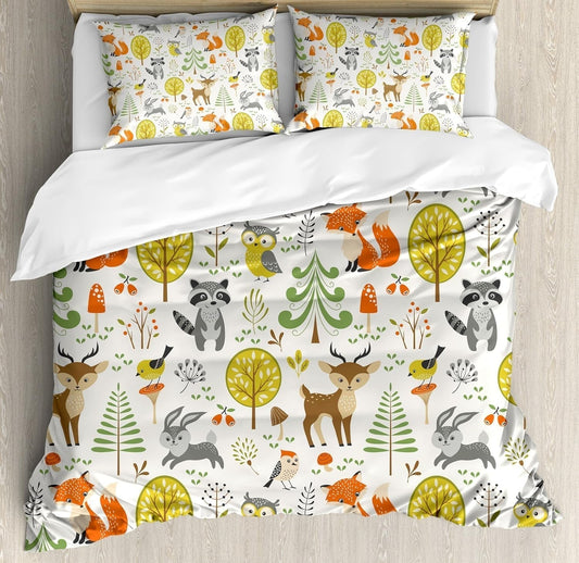 Animals Duvet Cover Set, Woodland Forest Animals Trees Birds Owls Fox Bunny Deer Raccoon Mushroom Print, Decorative 3 Piece Bedding Set with 2 Pillow Shams, King Size, Orange
