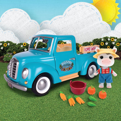 Buzzby Blue Farm Truck with Mini Doll Figure, 10 Pieces, Children Ages 3+
