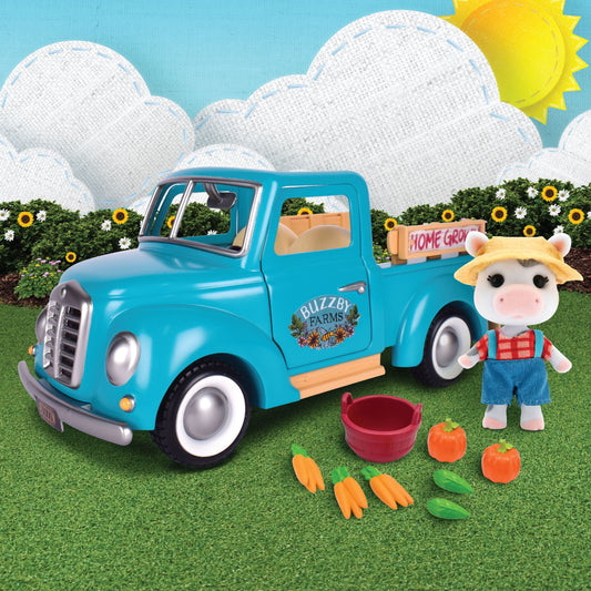 Buzzby Blue Farm Truck with Mini Doll Figure, 10 Pieces, Children Ages 3+