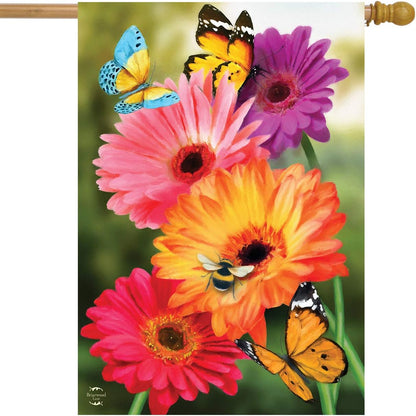 Garden Gerber Daisies Spring House Flag Butterflies Floral 28" X 40"