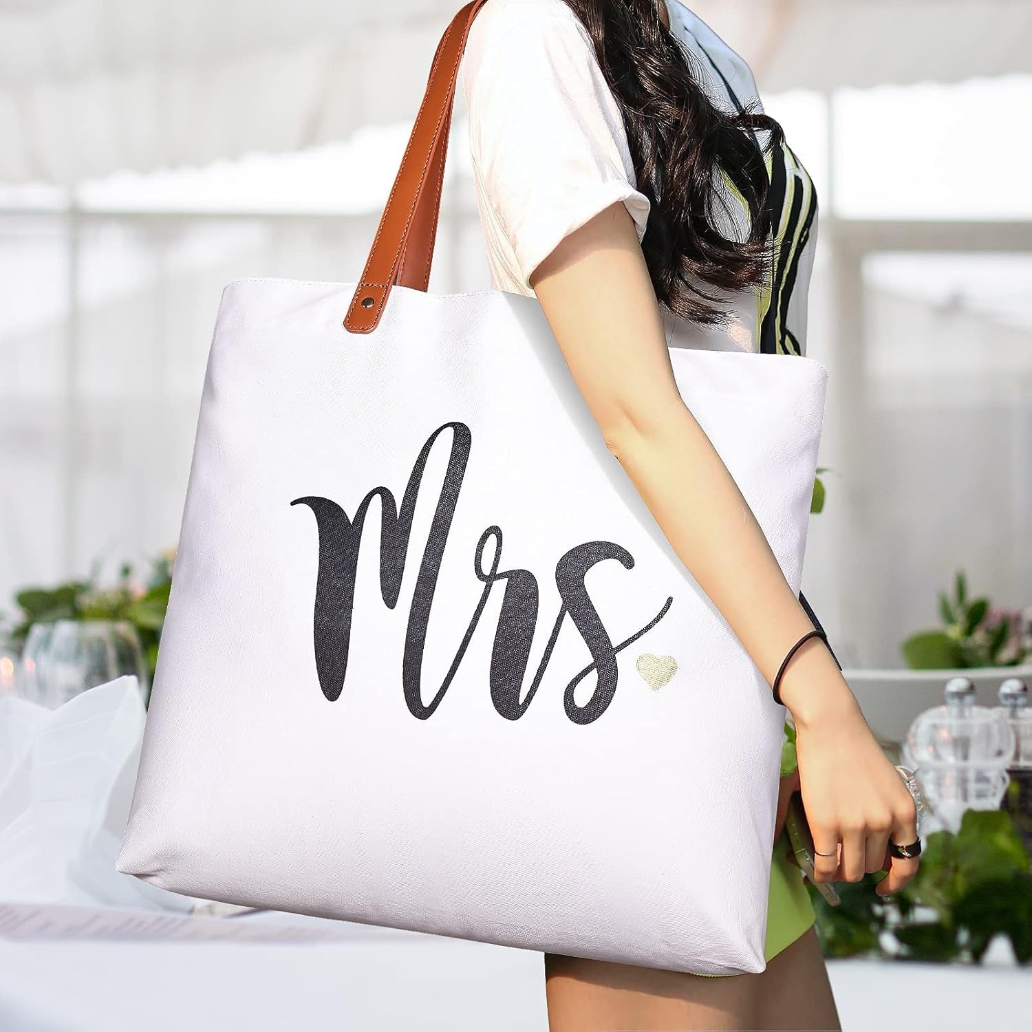 Wifey Tote Bag with Makeup Bag, Gifts for Engagement/Bridal Shower/Bachelorette/Wedding Party Canvas White