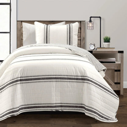 Farmhouse Stripe Reversible Cotton Quilt Black 2Pc Set Twin-Xl