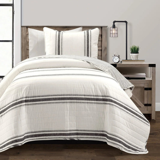 Farmhouse Stripe Reversible Cotton Quilt Black 2Pc Set Twin-Xl