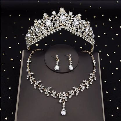 Luxury Crystal Bridal Jewelry Sets for Women Pink Tiaras Necklaces Earrings Set Bride Wedding Dress Birthday Crown Set Accessory